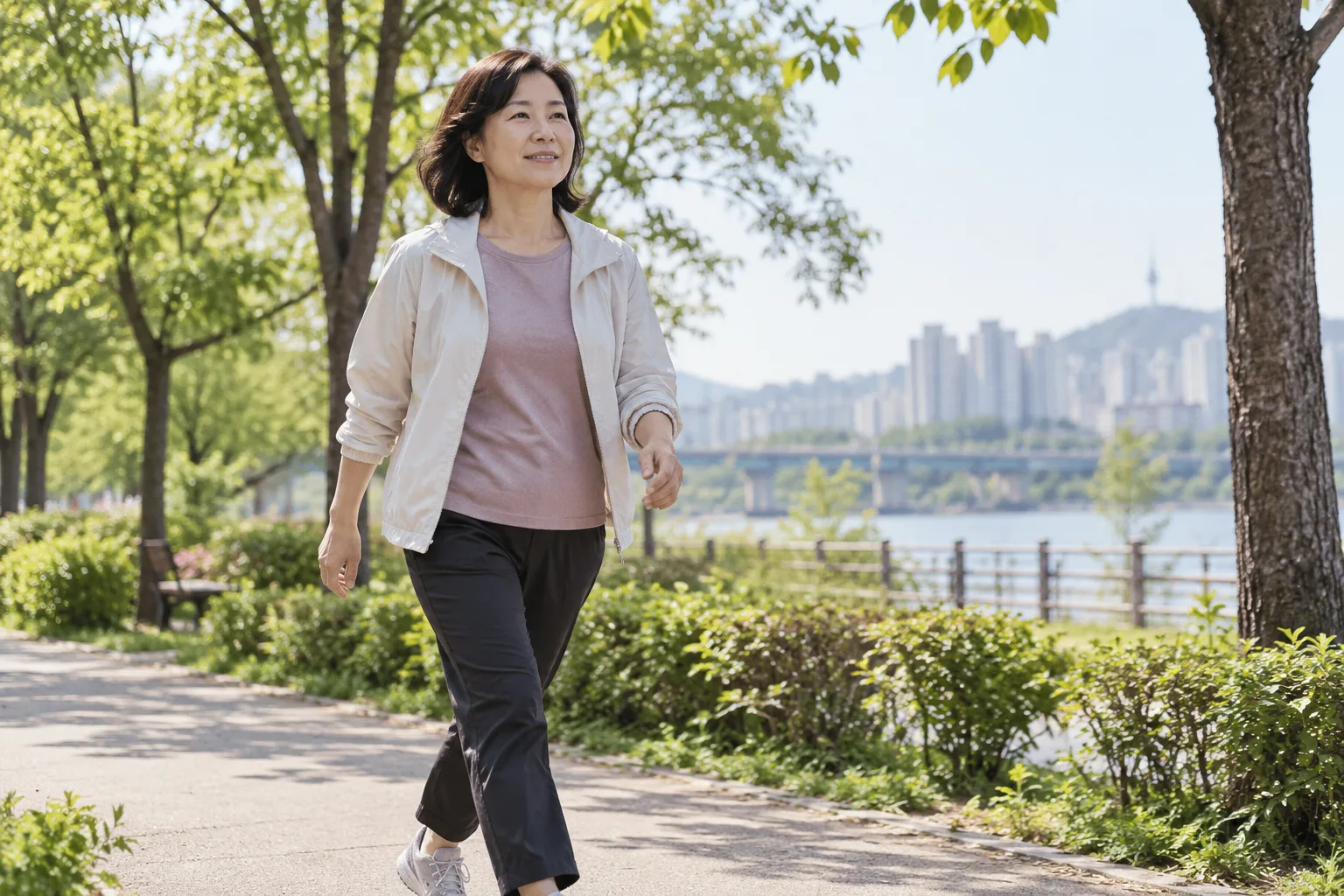 일상에서 실천할 활동으로 공원 길을 걷는 중년 여성