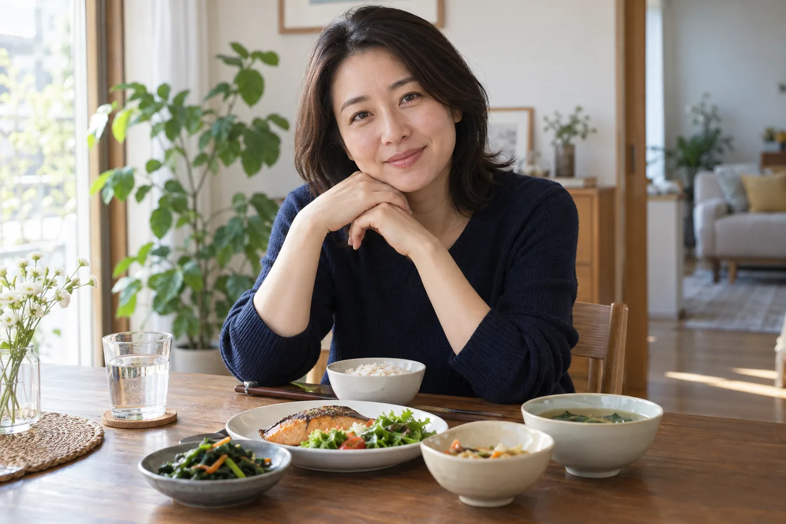 집 식탁에서 밥과 채소·생선 등을 앞에 두고 앉은 성인 여성의 일상 예시