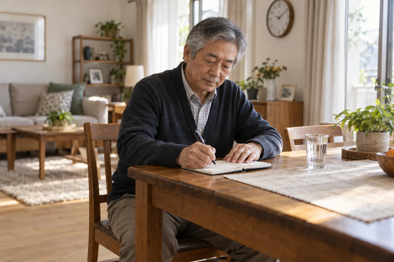 집에서 배뇨 불편을 떠올리며 수첩에 기록하는 남성