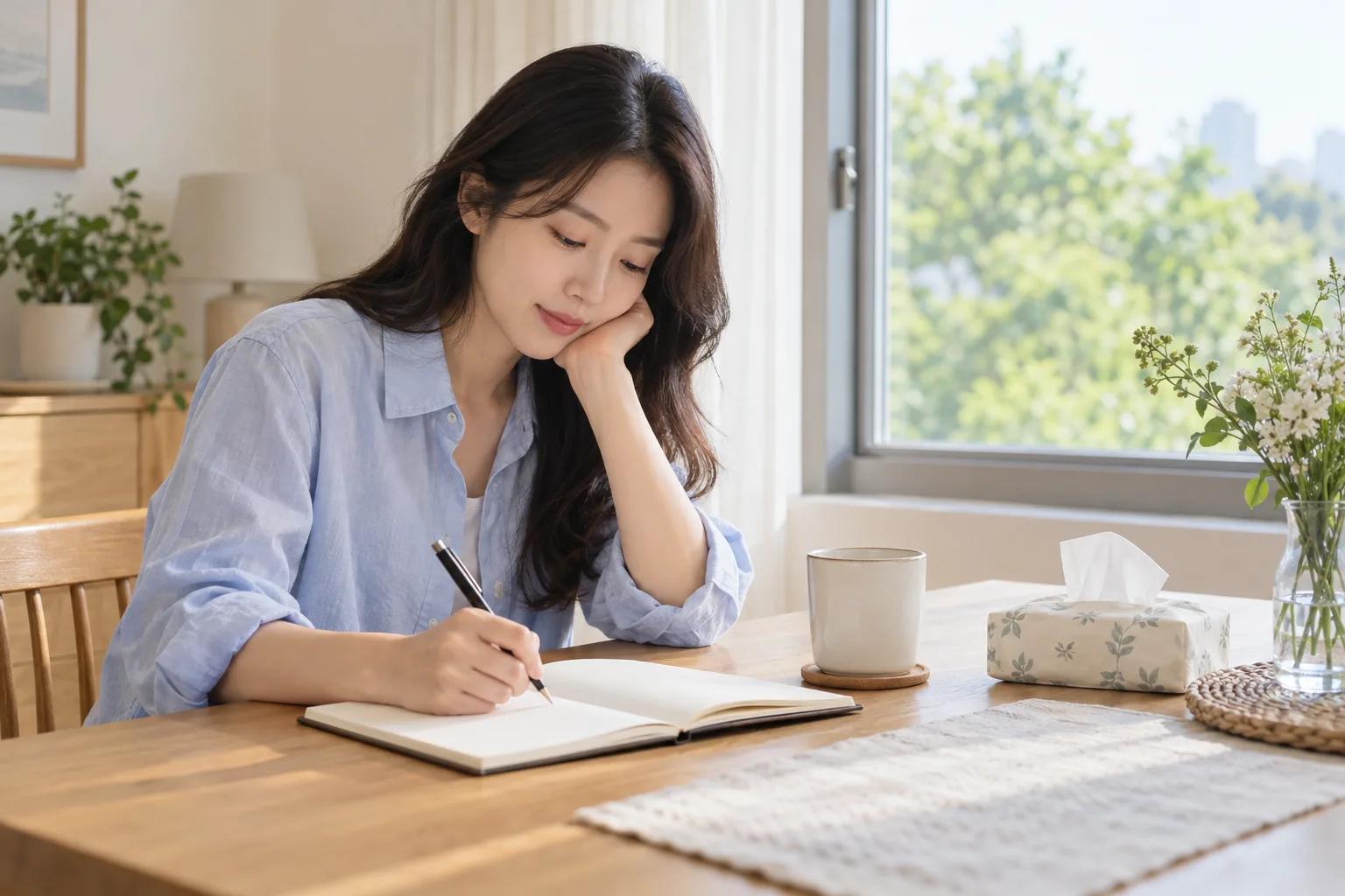 집에서 빈 공책에 메모하려는 성인 여성의 가상 일상 장면