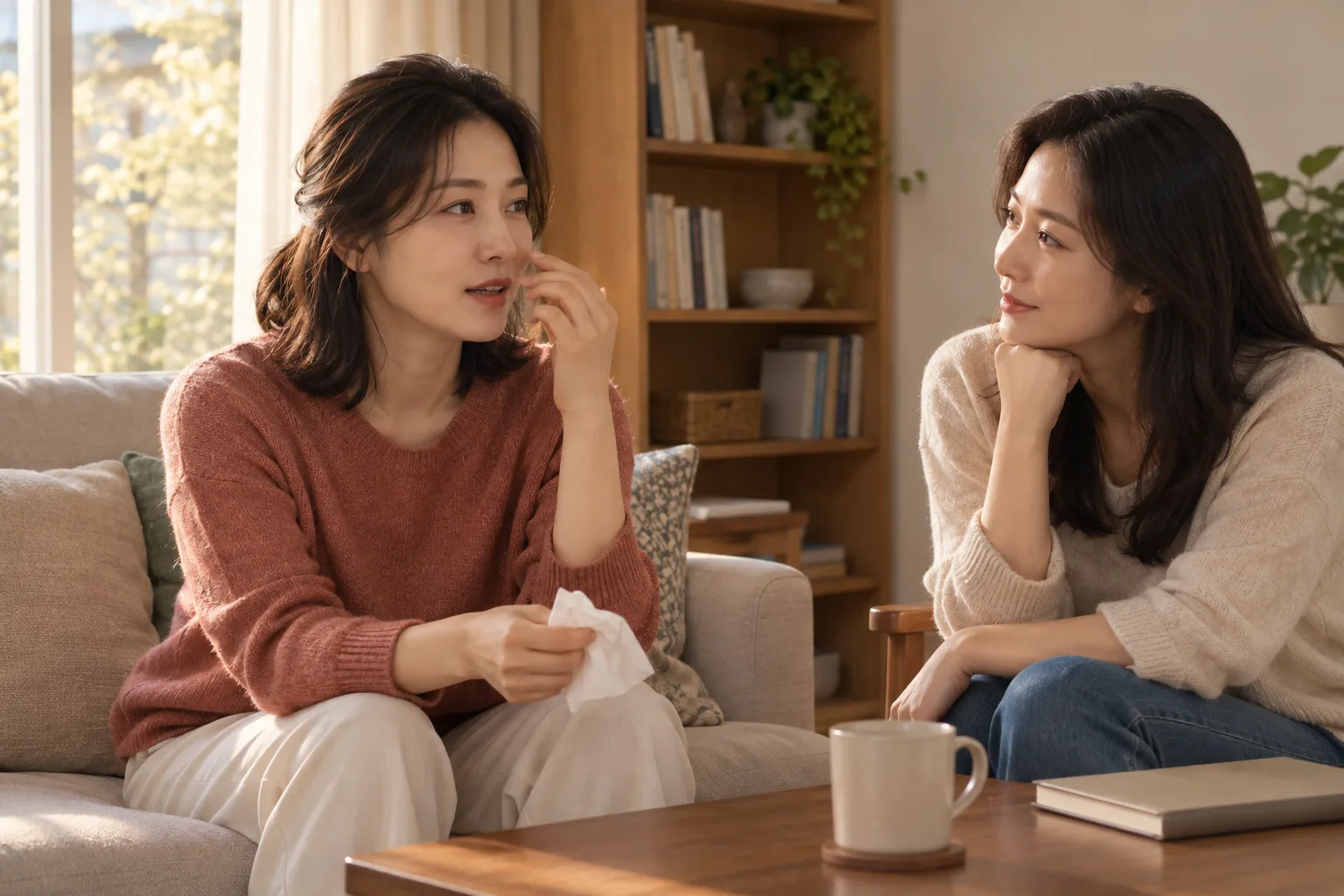 집 거실에서 코 불편과 일상의 경험을 이야기하는 성인 여성들의 가상 장면