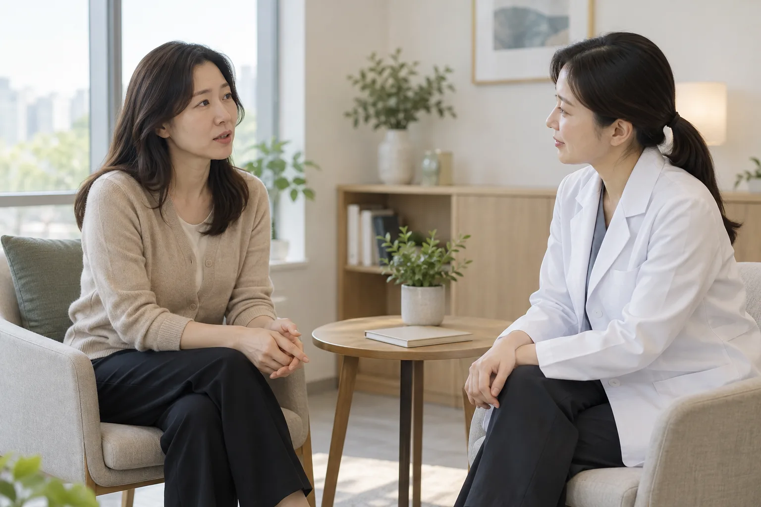 별도 의자에 앉아 진료 질문을 의논하는 성인 여성과 의료인의 상담 예시