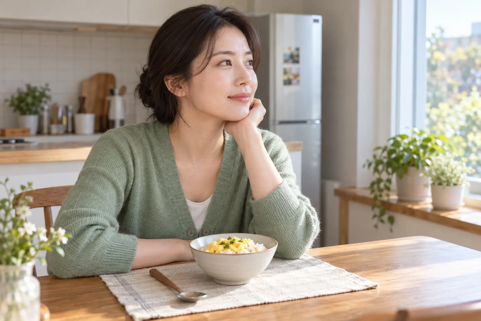 밥과 달걀이 놓인 식탁 앞에서 창을 보는 성인 여성의 가상 일상