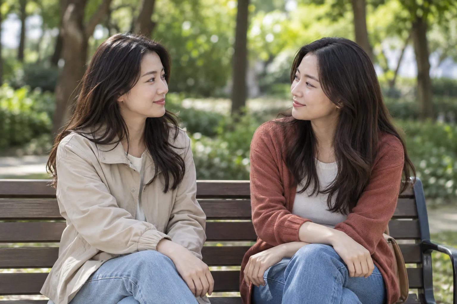 공원 벤치에서 편하게 대화하는 성인 여성 둘의 가상 일상