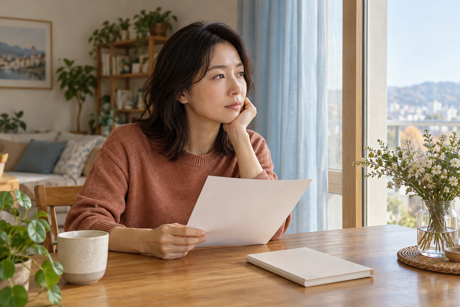 집 창가에서 난임 치료에 관해 상의할 내용을 생각하는 성인 여성의 가상 장면