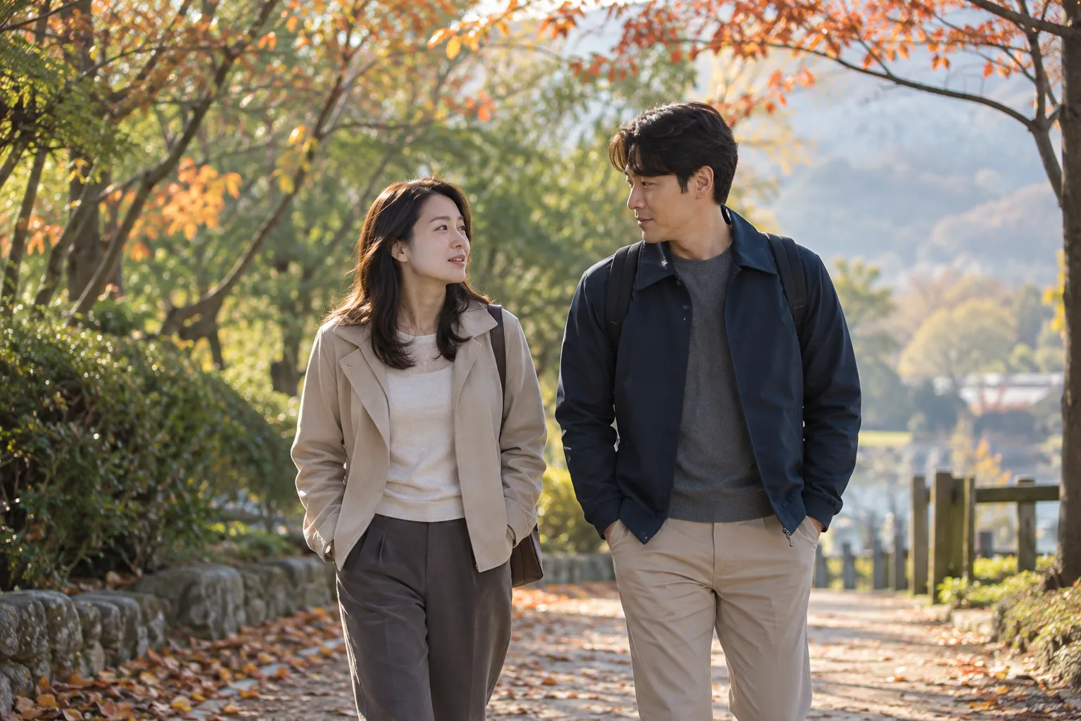 가을 공원길에서 난임 치료와 일상의 부담을 이야기하며 산책하는 성인 부부의 가상 장면
