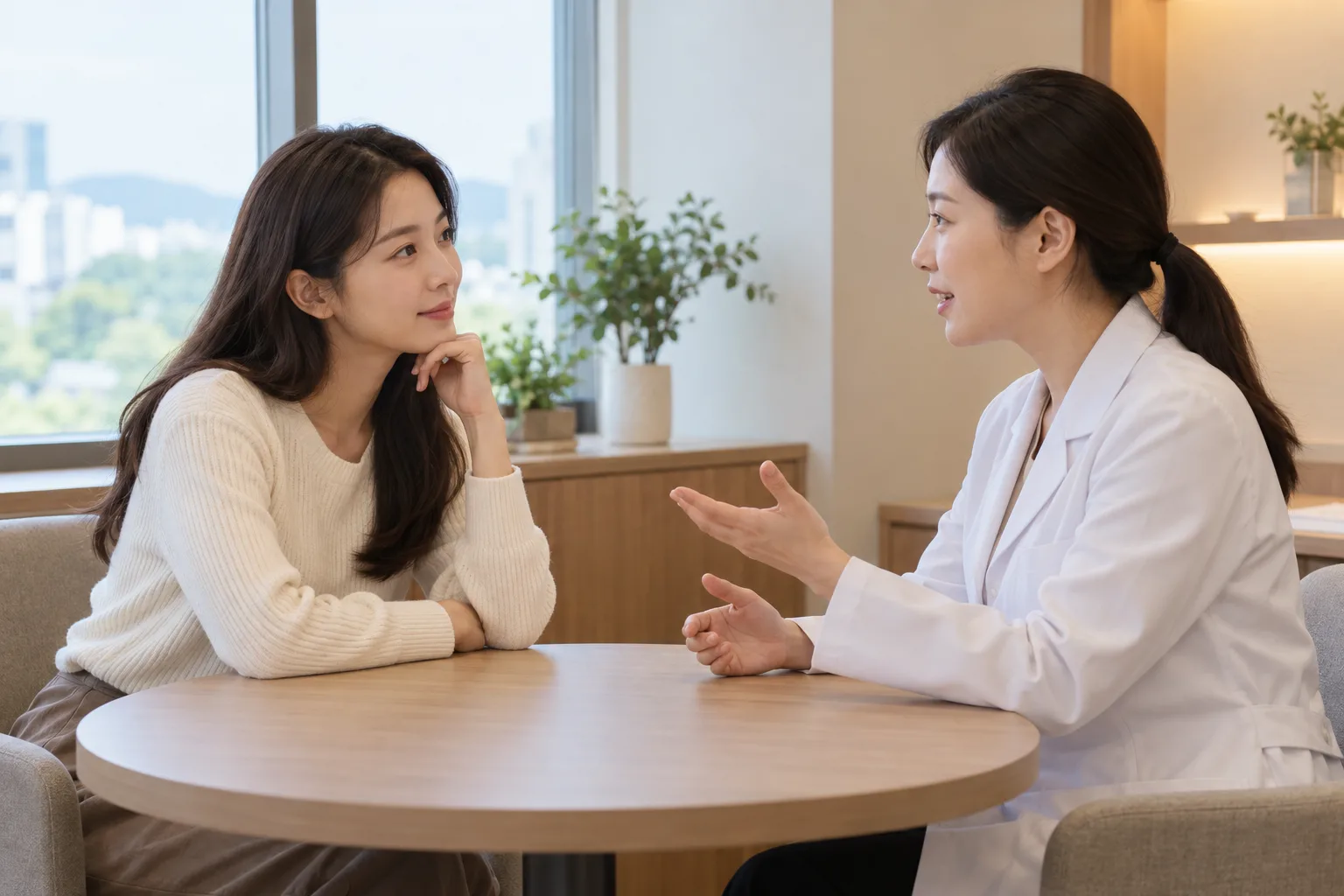 성인 여성이 진료실 상담 테이블에서 의료인의 설명을 듣는 AI 생성 가상 상담