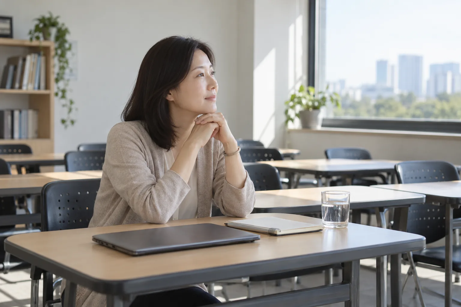 말하기가 많은 일과 사이 빈 교실에서 쉬는 성인 여성의 예시